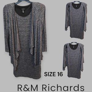 R & M Richards Womens Gray Rib Knit Jacket Dress with Attached Open Front 16